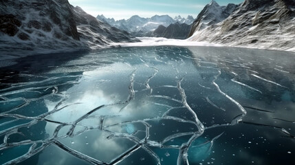 Cracks on the surface of the blue ice. Frozen lake in winter mountains. It is snowing - obrazy, fototapety, plakaty