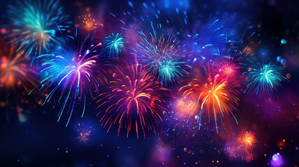 Fototapeta na wymiar Feuerwerk, blauer Hintergrund Silvester, Neujahr, Bright color. Generative Ai