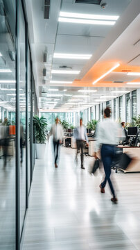 Bright business workplace with people in walking in blurred motion in modern office space