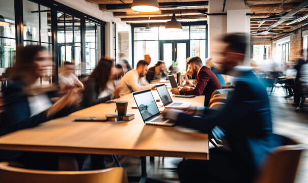 Bright business workplace with people in walking in blurred motion in modern office space