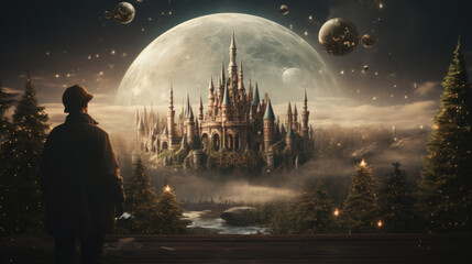 A man looks at a fairy tale castle behind the castle is a huge moon