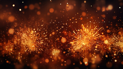 Abstract golden shining glowing fireworks show. Real Fireworks display, New Year. Generative Ai