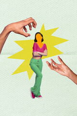 Abstract creative template collage of arms catching faceless lady isolated painting background