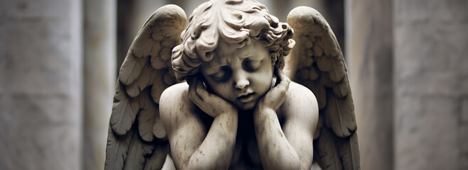 Heartfelt Sorrow: Sad Cherub Angel Statue in Stone, Winged and Tearful.