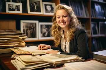 happy girl, a genealogist dedicated to research