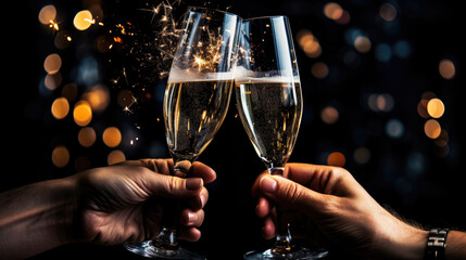 Celebration toast with champagne. Clinking glasses to celebrate New Year - obrazy, fototapety, plakaty