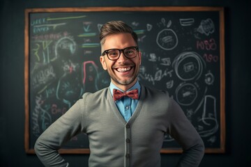 very happy and enthusiastic teacher with a blackboard