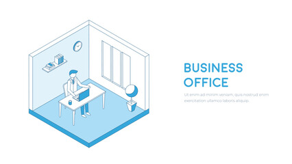 Male character works or study on the laptop in office room or at home stroke isometry. Business corporate outline vector.