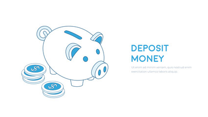 Piggy bank outline isometric. Financial concept linear illustration. 
