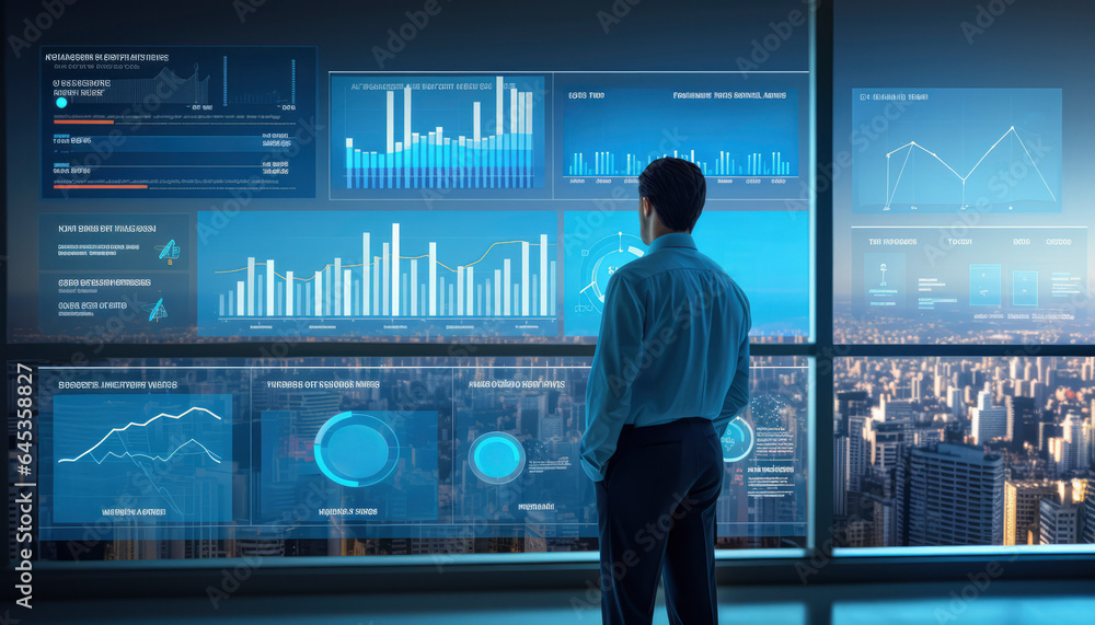 Poster thoughtful businessman analyzes financial data on a digital interface, charting a path to success in