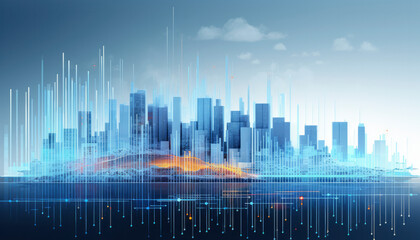 A futuristic cityscape with a skyline of skyscrapers, representing the intersection of technology and finance,Navigate the global financial future, banner - obrazy, fototapety, plakaty