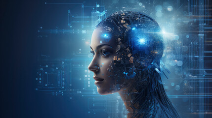 An abstract fusion of technology and human intelligence: A futuristic portrait of a young woman symbolizing the future of AI and cyber innovation