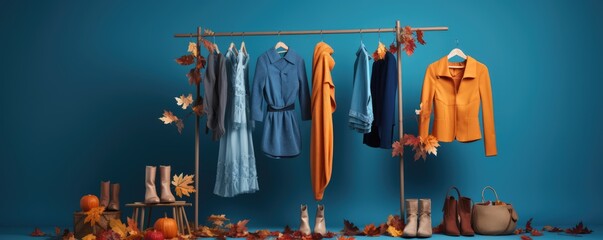 Clothes in row. clothes for autumn or fall season. Clothespin.