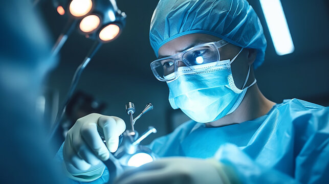 Surgeon at work in operating room. Preparation for the beginning of surgical operation. Toned in blue