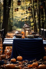 Fototapeta premium beautiful outdoor dining table with harvest decoration in blue and orange colors - ai-generated