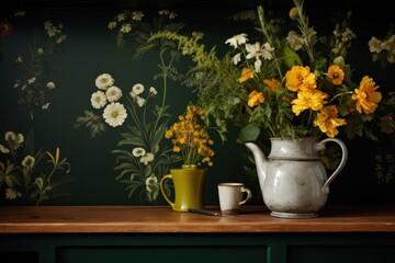 stilllife on a rural kitchen table with flowers - ai-generated