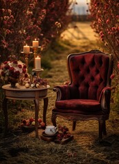 an old armchair an a table with candles and flowers in a beautiful garden - ai-generated