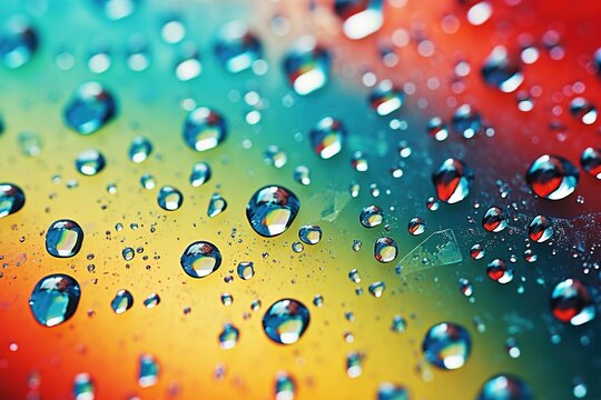 Abstract water droplets on a glass surface with a colorful backdrop