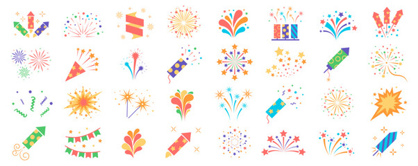 Set of firework icons, celebration, party, happy new year. Vector set - obrazy, fototapety, plakaty