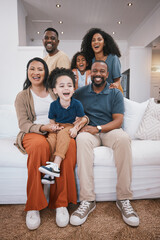 Happy family, grandparents and portrait of children on sofa smile for bonding, relationship and love. Home, living room and senior parents with mom, dad and kids together for happiness, joy and relax