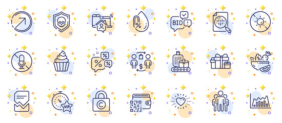 Outline set of Direction, No microphone and Holiday presents line icons for web app. Include Buying process, Group, Discounts chat pictogram icons. Bid offer, Qr code, Copyright locker signs. Vector