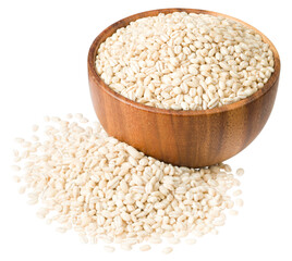 Raw highland barley in the wooden bowl, isolated on white background.