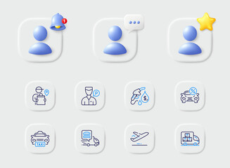 Valet servant, Plane and Taxi line icons. Placeholder with 3d star, reminder bell, chat. Pack of Food delivery, Petrol station, Car leasing icon. Delivery man pictogram. For web app, printing. Vector