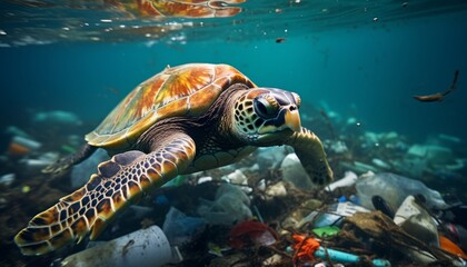 Pollution in the sea world of turtles, environmental problem with waste and garbage at the bottom of the sea. Made in AI
