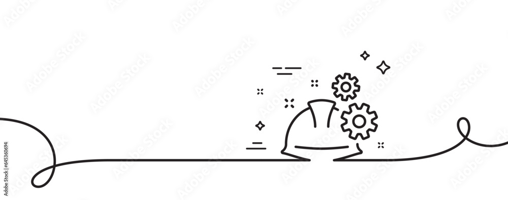 Poster engineering working process line icon. continuous one line with curl. engineer or architect helmet s