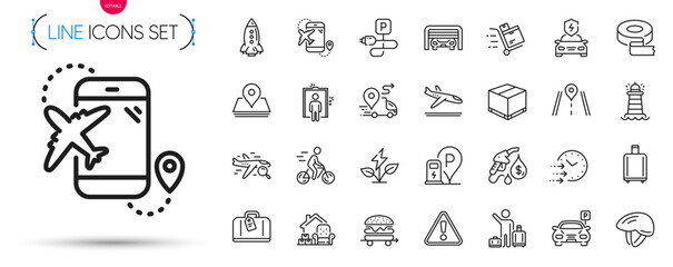 Pack of Parking, Petrol station and Airport transfer line icons. Include Parking garage, Road, Warning pictogram icons. Rocket, Baggage reclaim, Car charging signs. Inventory cart. Vector