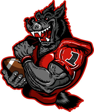 cartoon wolf mascot holding football for school, college or league sports