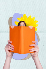 Collage retro sketch image of funky scared lady hiding big open book isolated painting background
