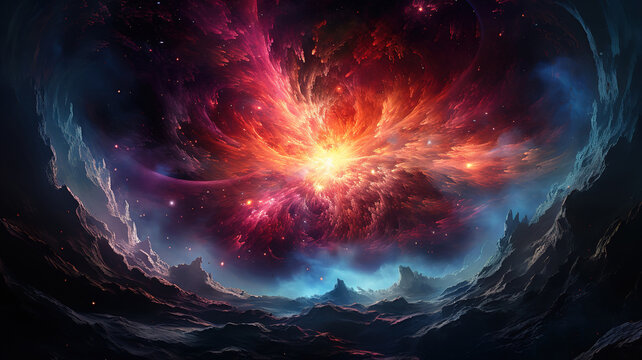A swirling cosmic explosion of the birth of a star, digital art illustration. Generative Ai