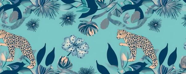 Hand drawn bright turquoise pattern with leopards and flowers. Contemporary seamless pattern. Fashionable template for design, Generative AI - obrazy, fototapety, plakaty