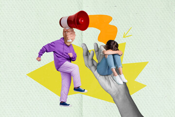 Creative composite photo collage of headless person loudspeaker instead of head screaming at tired...