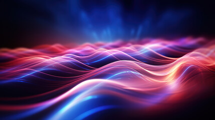 Futuristic background with pink blue glowing neon moving high speed wave lines and bokeh. Generative Ai