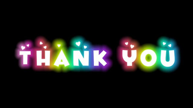 Animated neon thank you sign, colorful thank you animated text on black background.  4k high quality