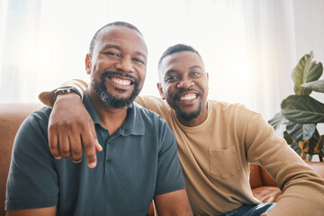 Senior African dad, son and sofa for portrait, hug and smile for love, bonding or care in living...