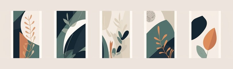 Modern minimalist abstract illustrations with plants. Contemporary wall decor. Collection of creative artistic posters, Generative AI
