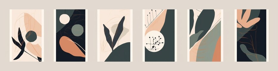 Modern minimalist abstract illustrations with plants. Contemporary wall decor. Collection of creative artistic posters, Generative AI