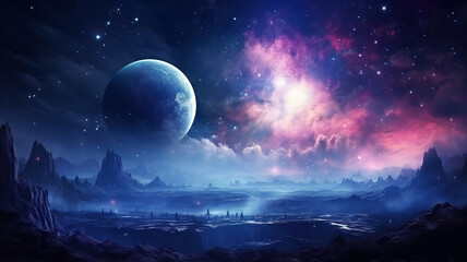 Naklejka na ściany i meble Planet sunrise in space, sci-fi concept, Bright color. Generative Ai