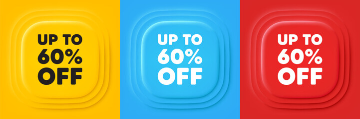Up to 60 percent off sale. Neumorphic offer banners. Discount offer price sign. Special offer symbol. Save 60 percentages. Discount tag podium background. Product infographics. Vector