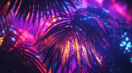 A palm tree illuminated by colorful lights