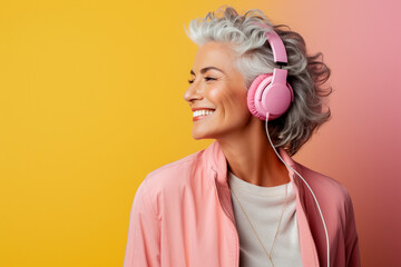 Happy elderly woman listening to music with headphones and a smile on her face.