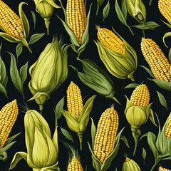 Fresh corn with green leaves as background.