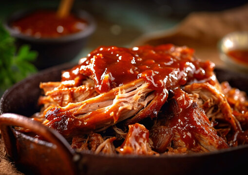 Pieces of pulled beef pork meat with barbeque sauce.Macro.AI Agenerative