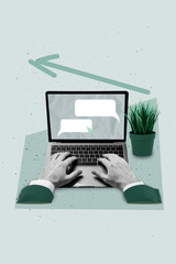 Vertical composite collage of netbook user business job text cursor click messenger laptop display...