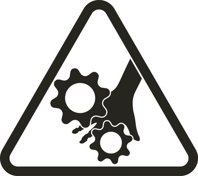 Isolated triangle warning label of black pictogram injury risk finger finger crush  moving part with picture of hand, gear for safety sign, warning danger information label