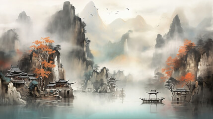 landscape with fog, Ink landscape painting in Chinese style and watercolor landscape painting of gentle mountains and river, color, boat
