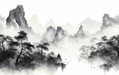 landscape with fog, Ink landscape painting in Chinese style and watercolor landscape painting of gentle mountains and river